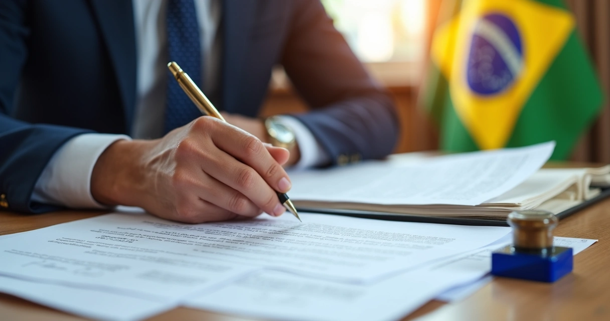 Mesa de trabalho com vários documentos oficiais, carimbos e um tradutor juramentado assinando uma tradução em papel