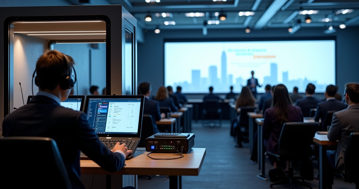 Intérprete em cabine de tradução simultânea em evento corporativo em São Paulo