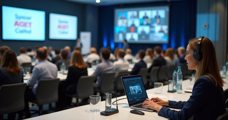 Intérprete fazendo tradução simultânea em evento híbrido com público e videoconferência