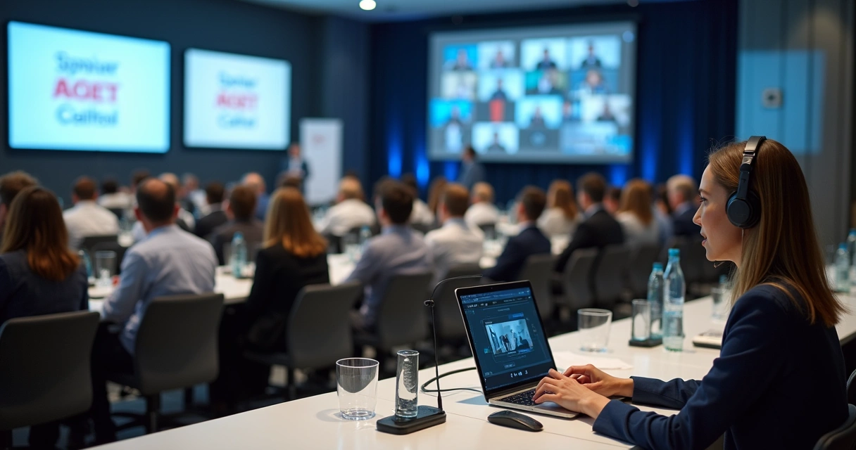 Intérprete fazendo tradução simultânea em evento híbrido com público e videoconferência