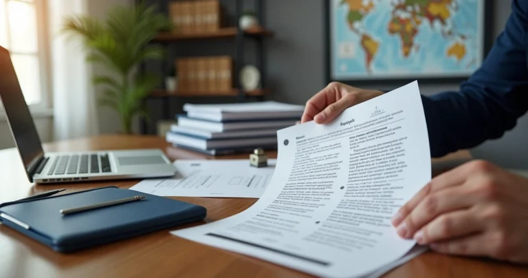 Tradutor revisando documentos oficiais com carimbo e assinatura digital na tela do notebook