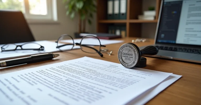 Mesa de escritório com documentos oficiais sendo traduzidos e carimbo de tradutor juramentado ao lado