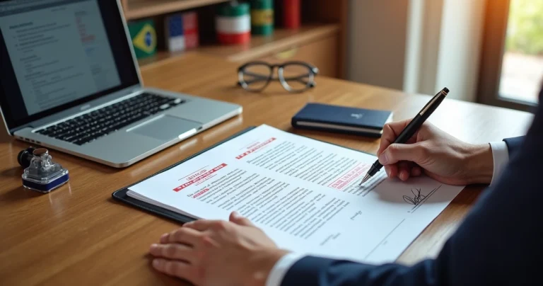 Mesa de escritório com tradutor revisando documentos oficiais com carimbo e bandeiras de países ao fundo