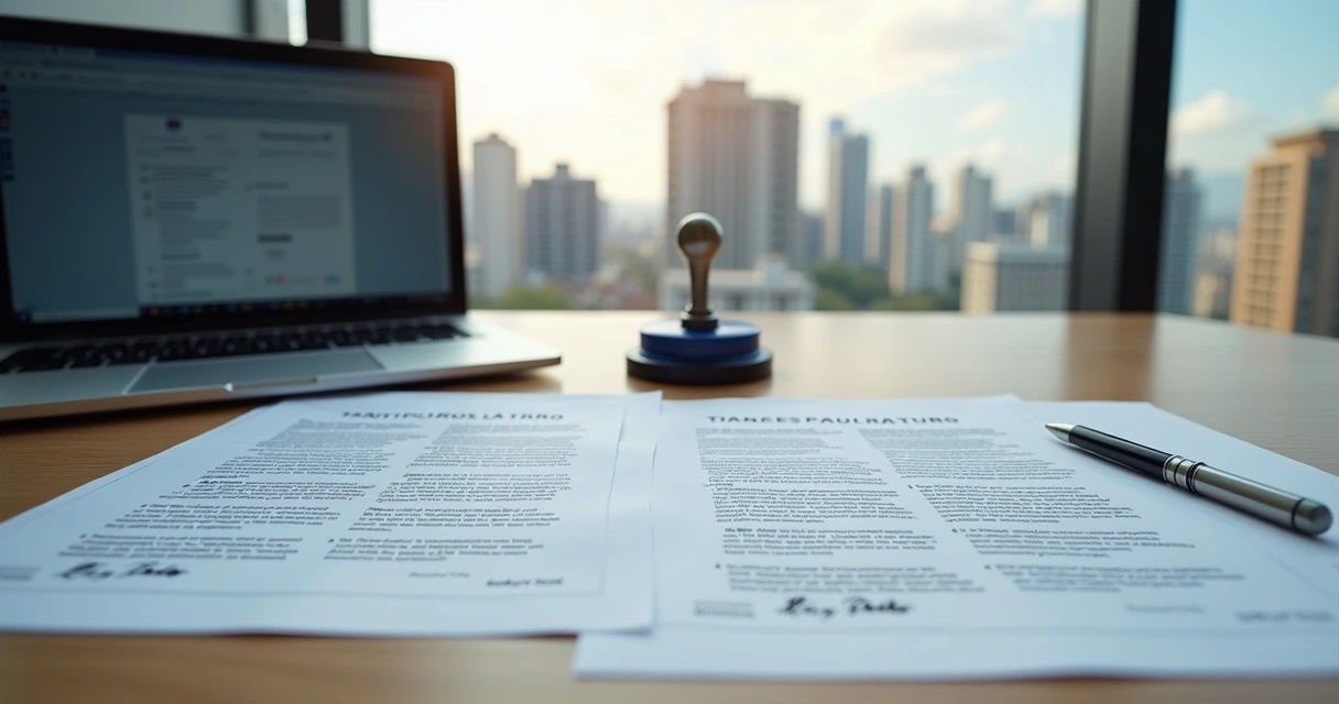 Mesa de escritório com documentos oficiais traduzidos e carimbo de tradutor juramentado em São Paulo
