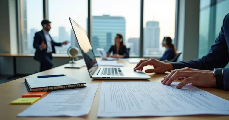 Profissional de tradução com documentos, laptop e cabine de intérprete ao fundo