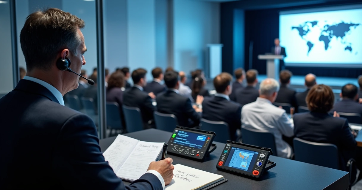 Intérprete em cabine de tradução simultânea em conferência profissional