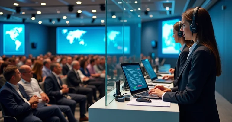 Cabine de tradução simultânea em evento corporativo com participantes usando fones de ouvido