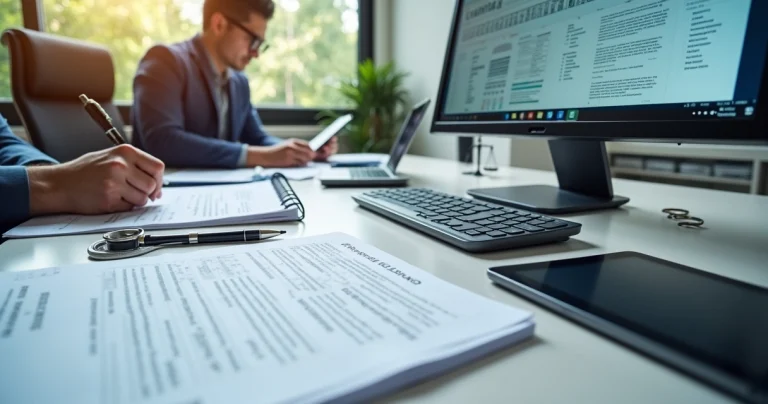 Profissional revisando tradução técnica em vários idiomas no computador