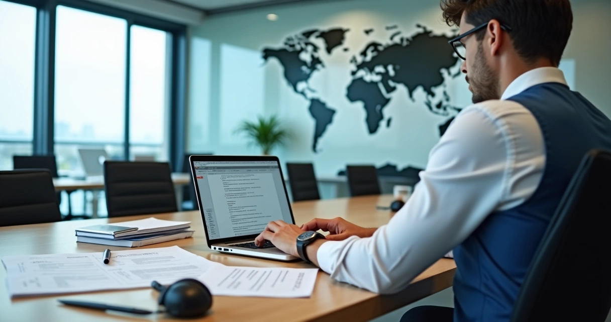 Profissional revisando tradução de inglês em notebook em ambiente corporativo