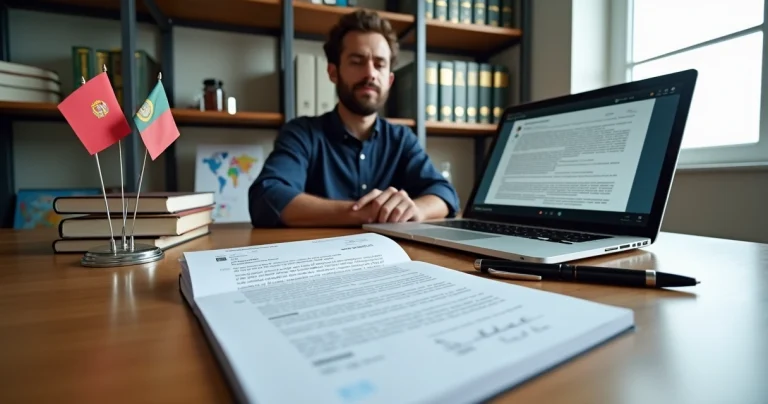 Tradutor revisando documentos oficiais em espanhol com bandeiras de países hispânicos