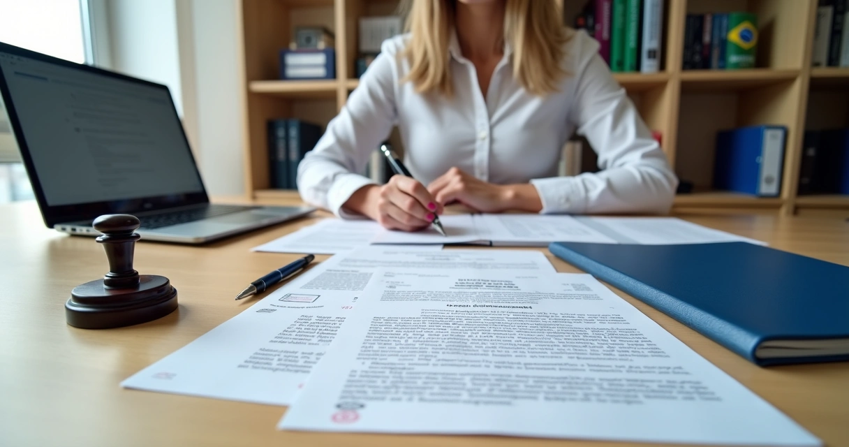 Tradutora revisando documentos oficiais em francês com carimbo e laptop sobre a mesa