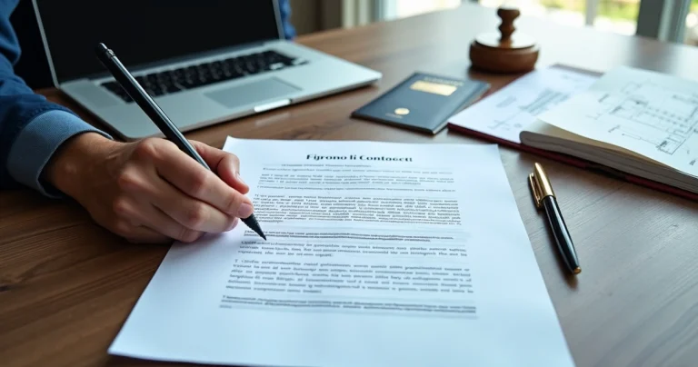 Mesa de escritório com tradutor revisando documentos em inglês com carimbo oficial ao lado