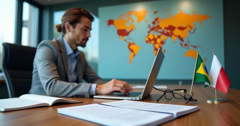 Tradutor profissional revisando contrato em italiano ao lado de bandeiras do Brasil e da Itália