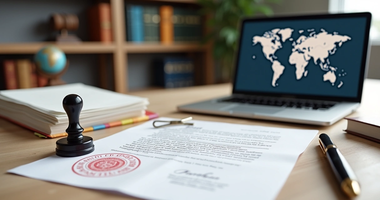 Mesa de escritório com tradutor revisando documentos oficiais em vários idiomas