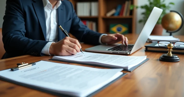 Tradutor juramentado revisando documentos oficiais com certificado digital na tela do notebook