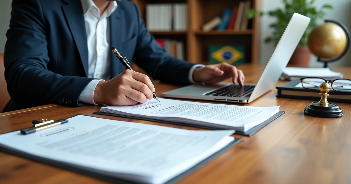 Tradutor juramentado revisando documentos oficiais com certificado digital na tela do notebook