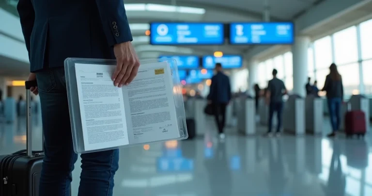 Balcão de imigração em aeroporto com viajante segurando documentos e traduções juramentadas