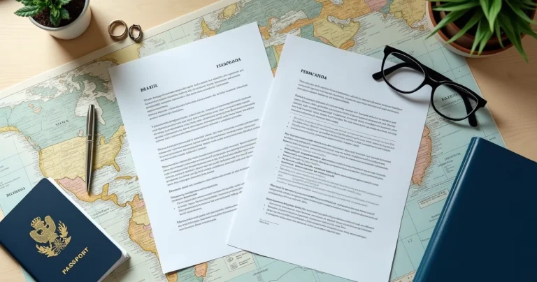 Certidão de nascimento e tradução juramentada sobre mapa com caneta e óculos