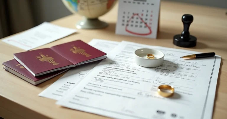 Mesa com documentos de casamento para o exterior ao lado de alianças e passaportes
