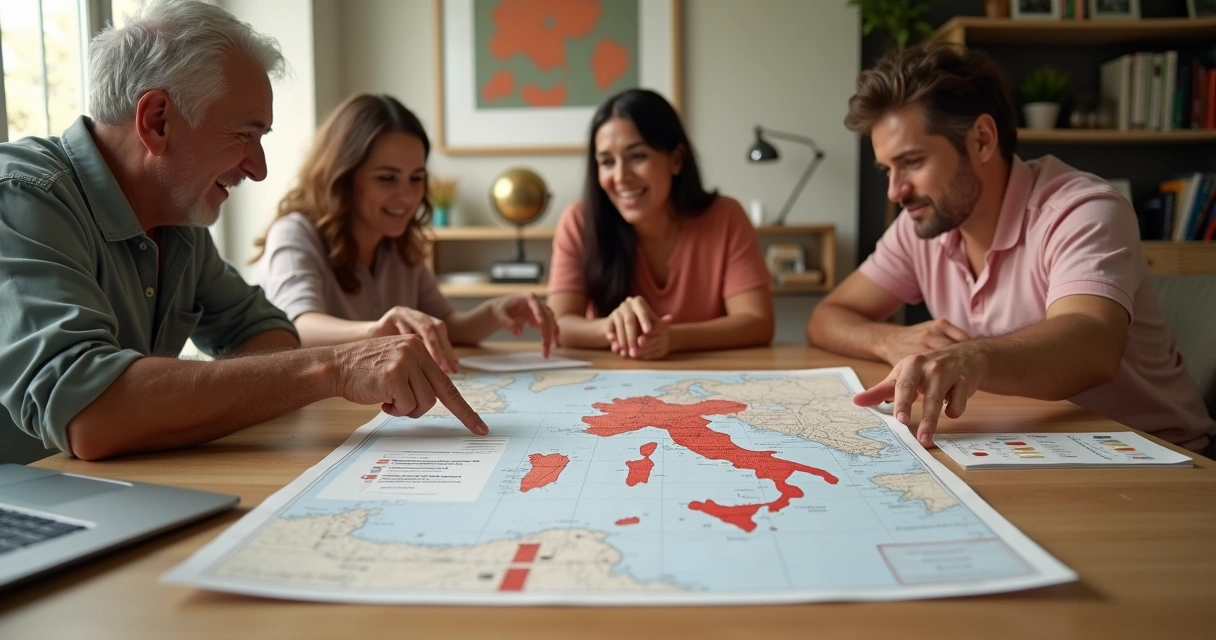 Família brasileira analisando passo a passo para cidadania italiana com mapas e documentos
