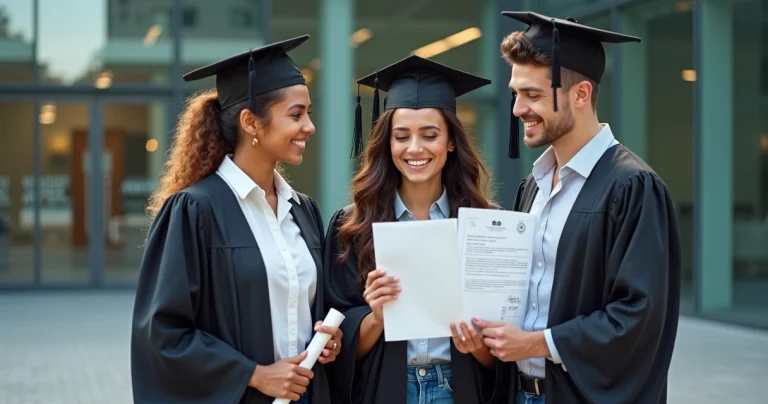 Graduados segurando diplomas e traduções oficiais em frente a um campus internacional