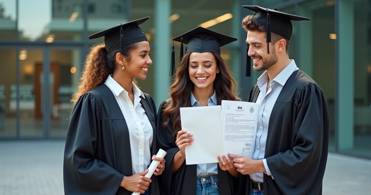 Graduados segurando diplomas e traduções oficiais em frente a um campus internacional