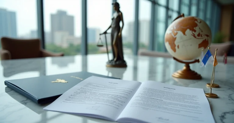 Documentos oficiais frente a uma estátua da Justiça e bandeiras de vários países