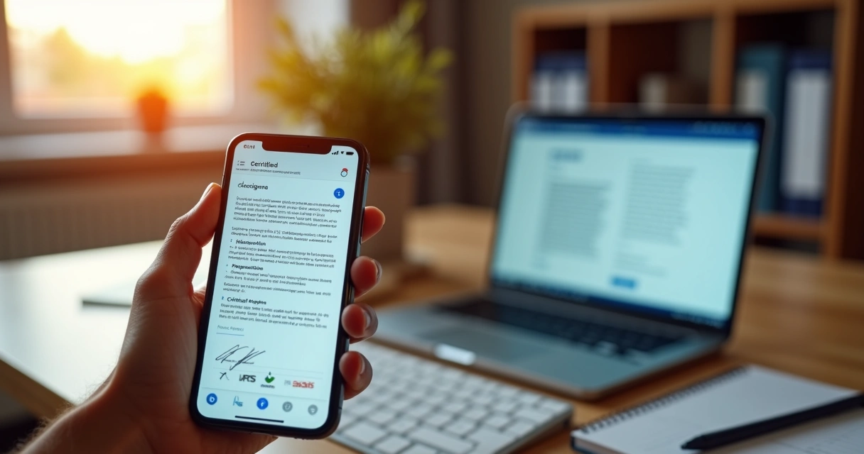 Mão segurando smartphone com documento sendo assinado digitalmente no computador ao fundo