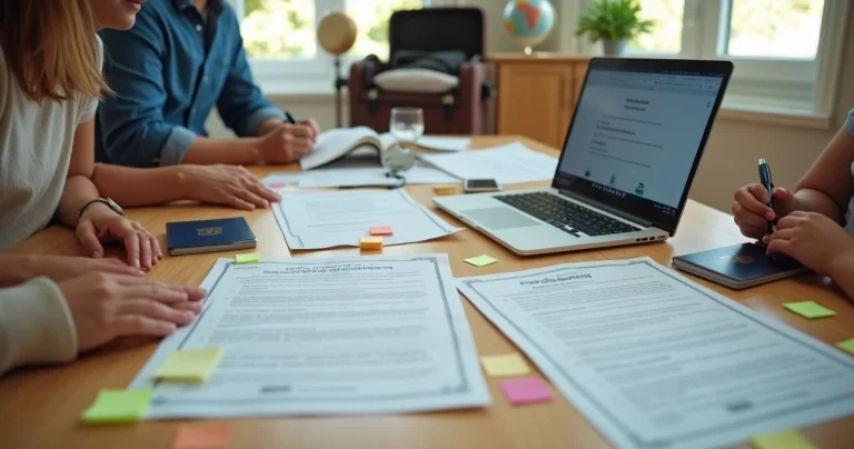 Família analisando certidões e passaportes sobre a mesa antes de traduzir documentos pessoais