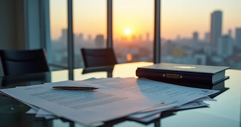 Pilha organizada de documentos oficiais traduzidos sobre mesa de vidro