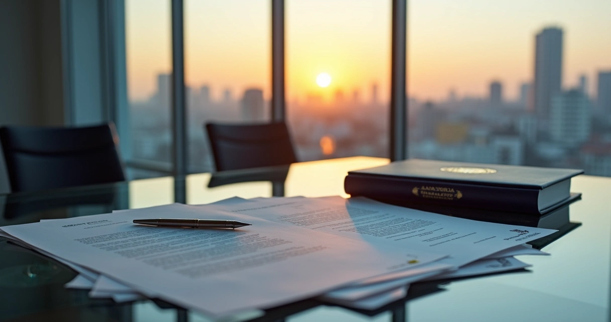 Pilha organizada de documentos oficiais traduzidos sobre mesa de vidro