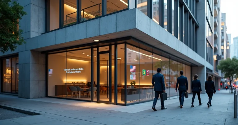 Arranha-céu de São Paulo com fachada de cartório de tradução e placas de idiomas