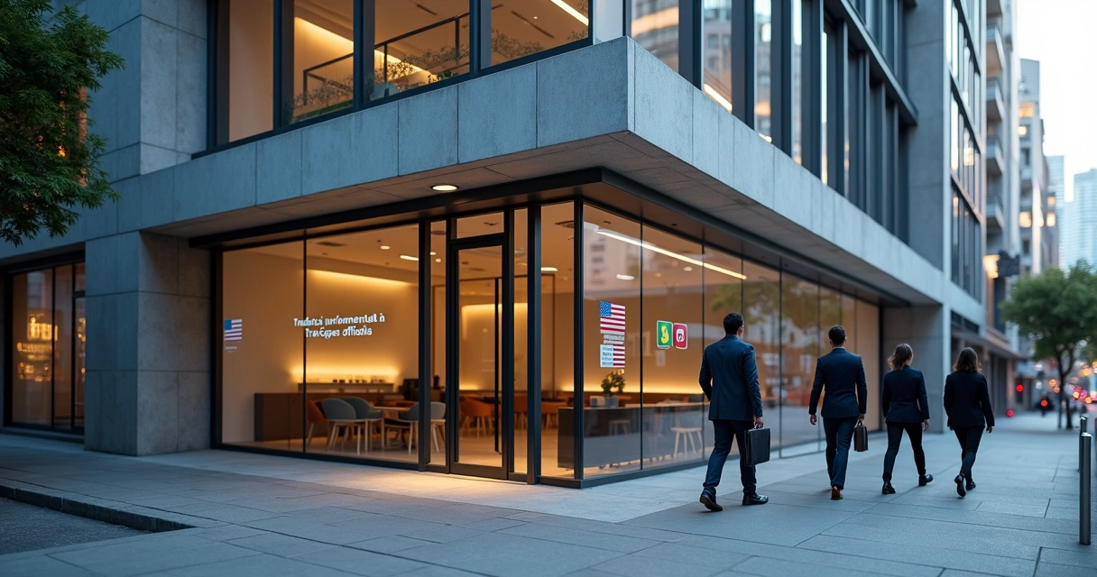 Arranha-céu de São Paulo com fachada de cartório de tradução e placas de idiomas