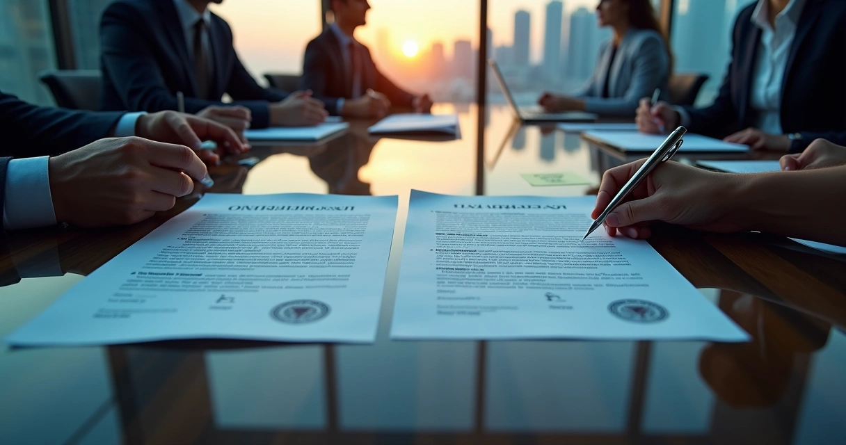Reunião corporativa analisando contrato bilíngue com selo oficial sobre a mesa