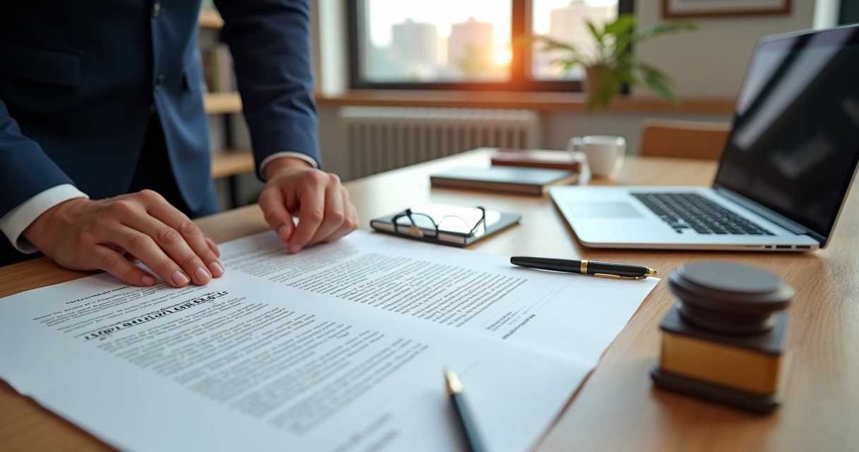 Mãos posicionando selo oficial em tradução juramentada sobre mesa de escritório moderna