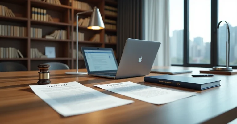 Tradutor revisando documentos oficiais em inglês em escritório moderno