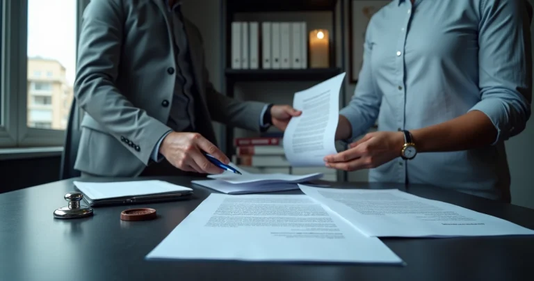 Tradutor juramentado revisando documento oficial com carimbo em escritório profissional