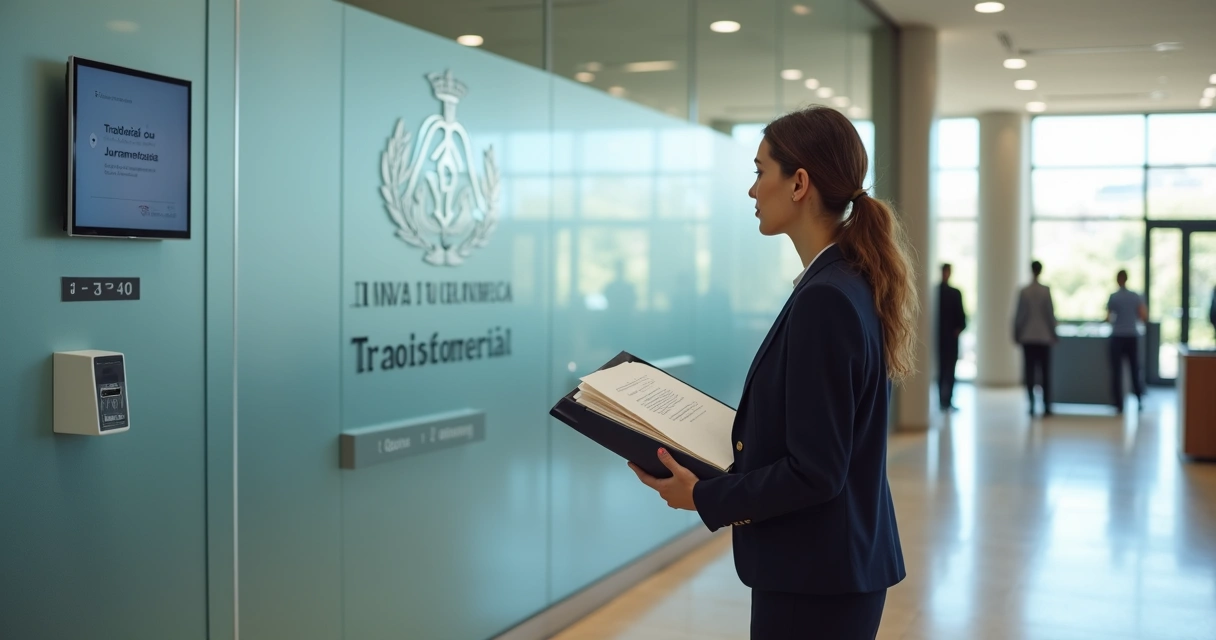 Tradutor juramentado em frente a painel oficial da junta comercial