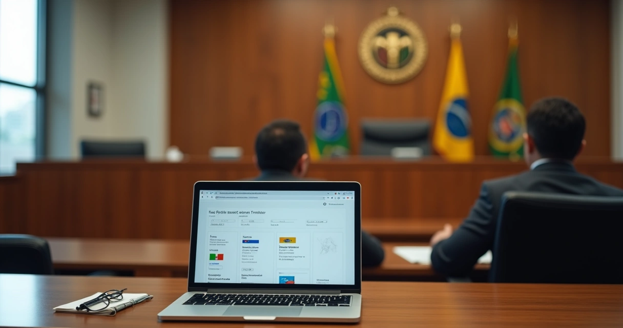 Profissional escolhendo tradutor juramentado em sala de audiência com tela digital de idiomas